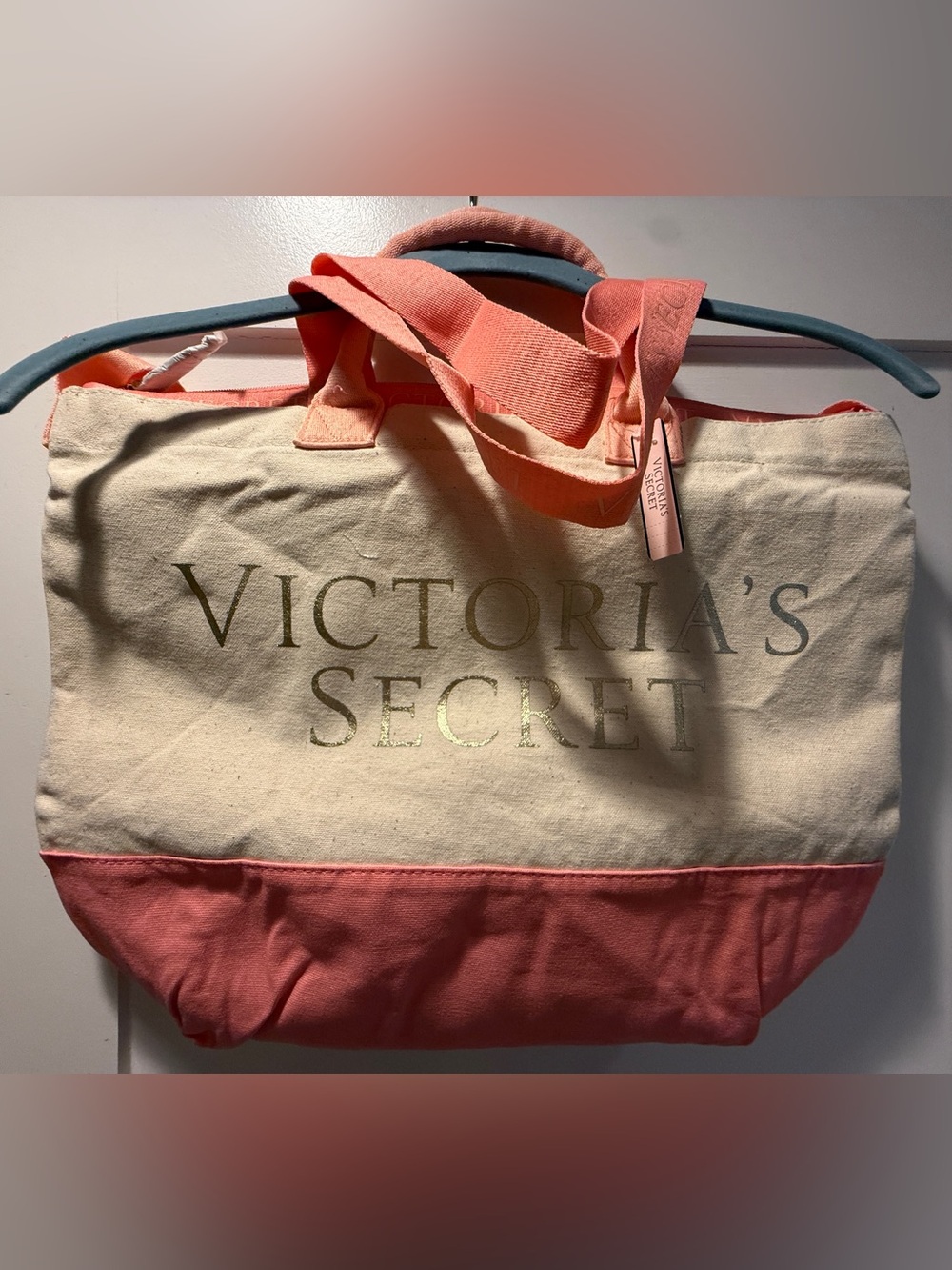 Victoria's Secret Coral and Cream Canvas Tote with Gold Logo